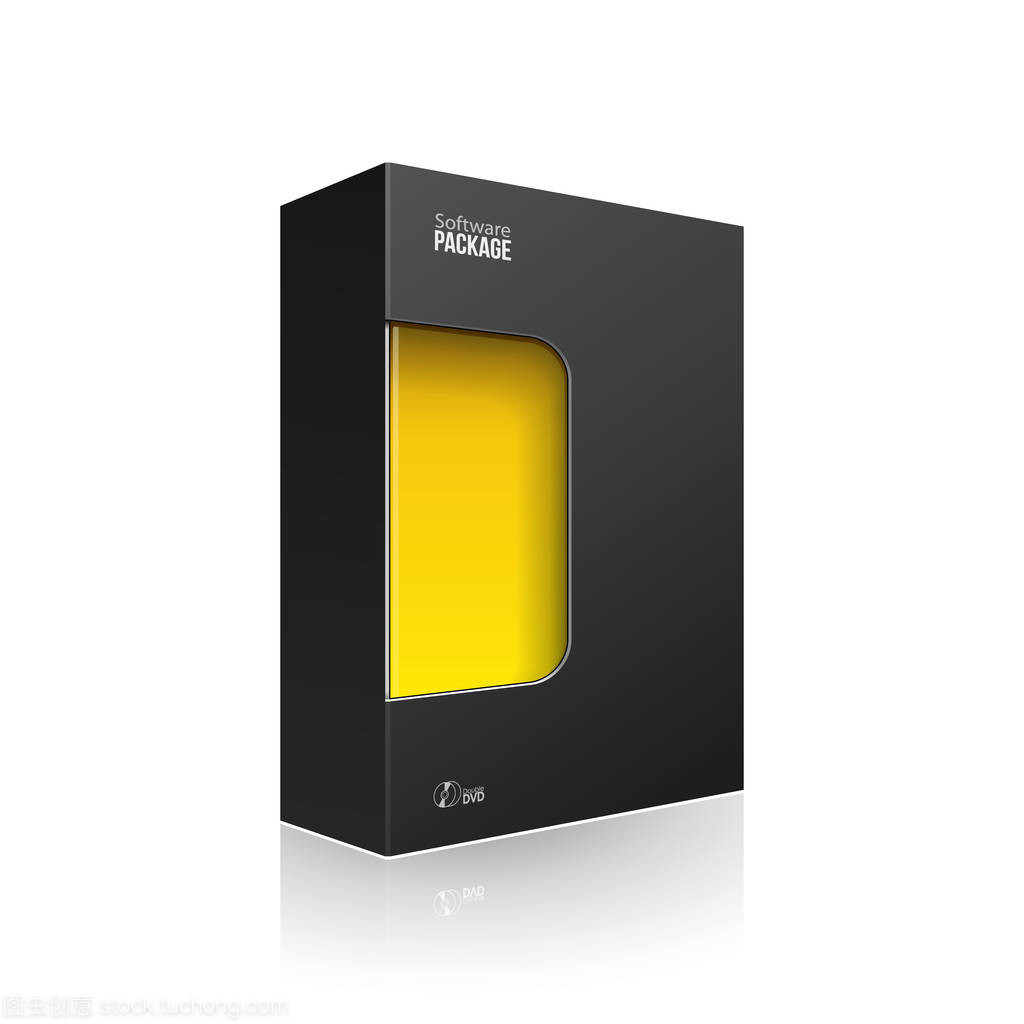 黑色現(xiàn)代軟件產(chǎn)品包裝盒, 帶有黃色橙色窗口, 用于 Dvd 或 Cd 盤。3d 在白色背景上的插圖被隔離。為您的設(shè)計做好準備。包裝.矢量 Eps10